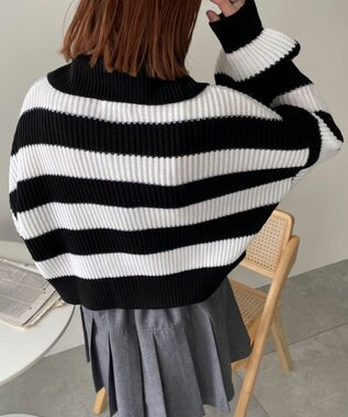 WEGO ダブルジップショートニットブルゾン ブラックボーダー