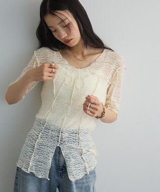 Green Parks カットワークデザインレース半袖トップス Off White