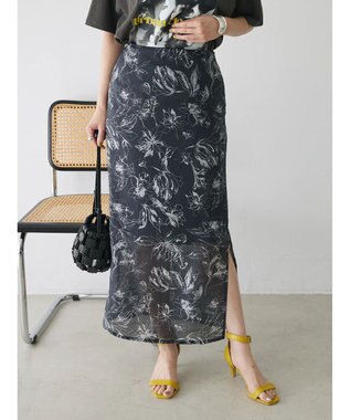 Green Parks モノトーンフラワータイトスカート Black