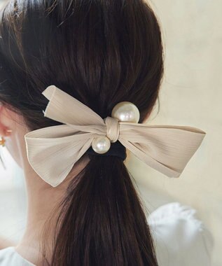 Tiaclasse パール×リボンヘアゴム ベージュ