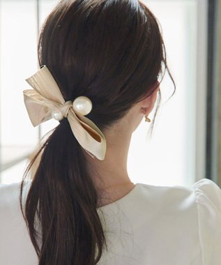 Tiaclasse パール×リボンヘアゴム ベージュ