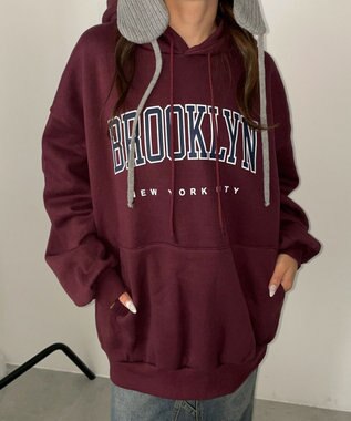 WEGO 【裏起毛】BROOKLYNロゴビッグパーカー ワイン