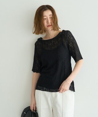 YECCA VECCA 5分袖レースシアートップス Black
