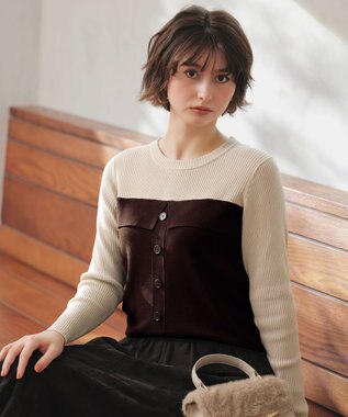 ANY SIS L ビスチェ風 長袖 ニット チョコレート×ライトベージュ