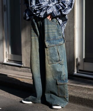 WEGO ヴィンテージウォッシュバギーカーゴパンツ デニム中濃加工色