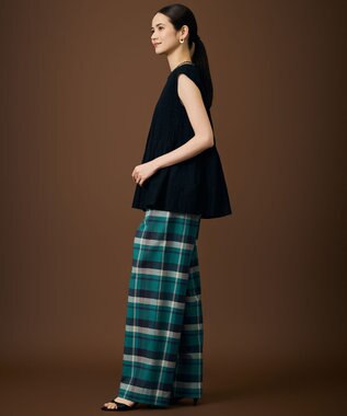 自由区 【SHIHOさん着用・セットアップ対応】コットンリネンチェックワイドストレート パンツ グリーン×ネイビー系