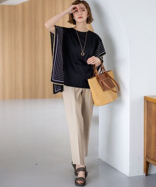 23区 L 【汗じみ防止加工】スカーフプリントコンビ フレンチスリーブ カットソー ネイビー×ミッドナイトブルー