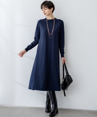 23区 L 【洗える/吊り干しOK】ヴィスコースストレッチ  バックデザイン ニットワンピース ネイビー系