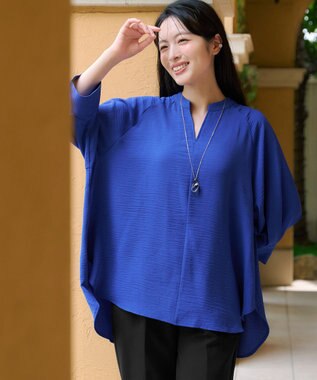 Tiaclasse 麻ライクVネックブラウス ブルー