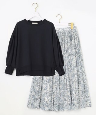 ANY SIS 【2SET】タックスリーブ トップス × フラワープリント スカート ネイビー系