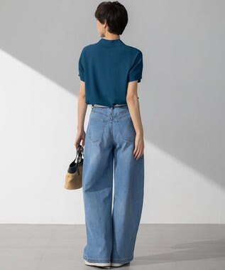 23区 L 【洗える】レーヨンポリエステルストレッチ フレンチスリーブ ポロニット ダークブルー系