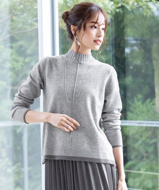 Tiaclasse 【洗える】もっちり素材が肌触り抜群の配色ニットトップス グレー×チャコール