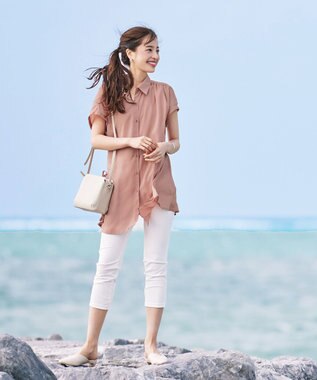 Tiaclasse L 【洗える】フレンチスリーブシャツチュニックブラウス ライトピンク