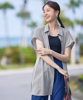 Tiaclasse L 【洗える】フレンチスリーブシャツチュニックブラウス ベージュストライプ