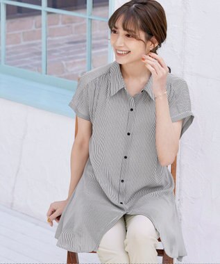 Tiaclasse L 【洗える】フレンチスリーブシャツチュニックブラウス ベージュストライプ