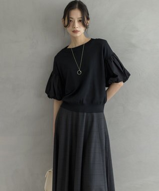 組曲 ストレッチクリアパフ袖 ニット ブラック系