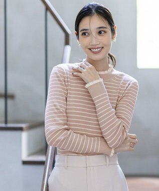 ANY SIS CICA加工 フリルネック プルオーバー ベージュ×アイボリー