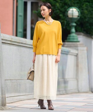 自由区 【洗える】クレープストレッチドルマンスリーブ7分袖 ニット イエロー系