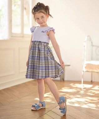 ANY KIDS ドッキング チェック柄 ワンピース スカイブルー系