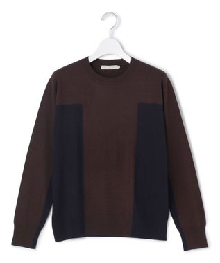 ICB 【洗える】マットヴィスコースポリエステル ブロッキングニット ダークブラウン×ネイビー系