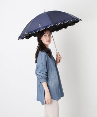 MOONBAT 【WEB限定/遮光率100%/遮熱/UV】POLO RALPH LAUREN（ポロ ラルフローレン）晴雨兼用日傘 ワンポイント ポロベア刺繍 フリル 長傘 ディープブルー