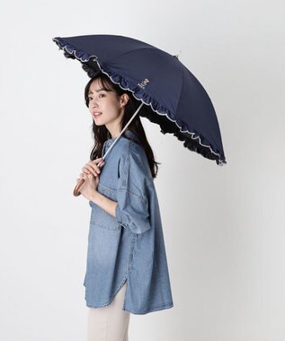 MOONBAT 【WEB限定/遮光率100%/遮熱/UV】POLO RALPH LAUREN（ポロ ラルフローレン）晴雨兼用日傘 ワンポイント ポロベア刺繍 フリル 長傘 ディープブルー