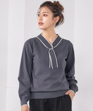 Tiaclasse 【洗える】パール付き配色ボウタイニットトップス チャコール