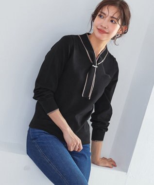 Tiaclasse 【洗える】パール付き配色ボウタイニットトップス ブラック