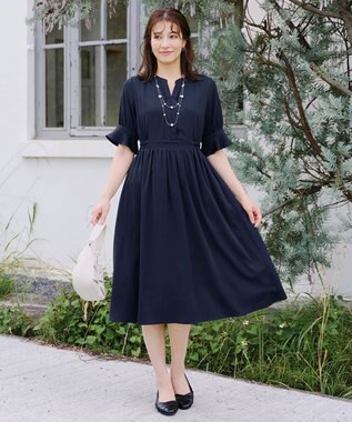 Tiaclasse 【洗える】キャンディースリーブ花柄ワンピース ネイビー