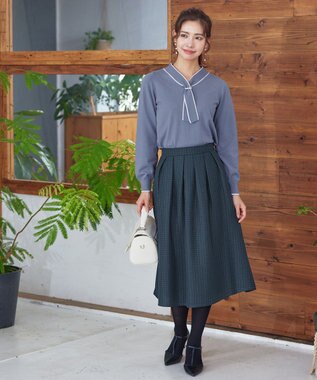 Tiaclasse 【洗える】パール付き配色ボウタイニットトップス ブルー