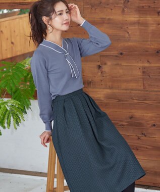 Tiaclasse 【洗える】パール付き配色ボウタイニットトップス ブルー