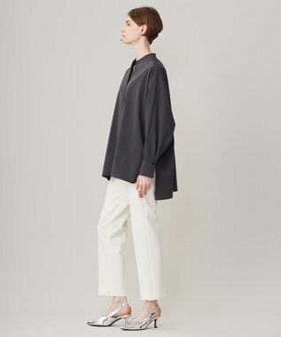 ICB 【洗える】ヴィンテージスパンブロード  バンドカラー長袖ブラウス チャコール系