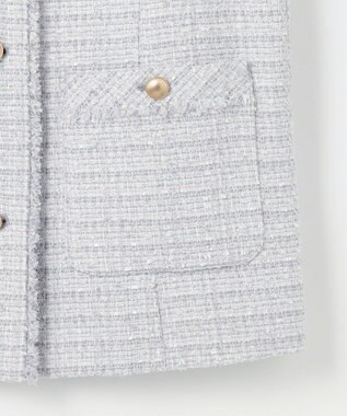 ANY SIS L ノーカラーフリンジツイード ジャケット ブルーグレーミックス