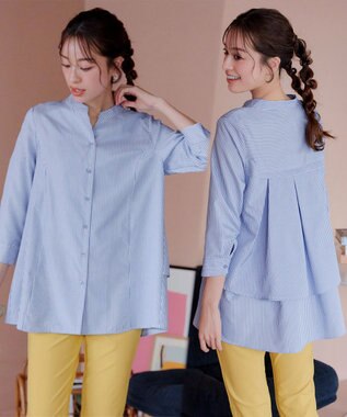 Tiaclasse L 【洗える】バックタックフレアチュニック サックスストライプ