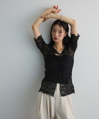 Green Parks カットワークデザインレース半袖トップス Black