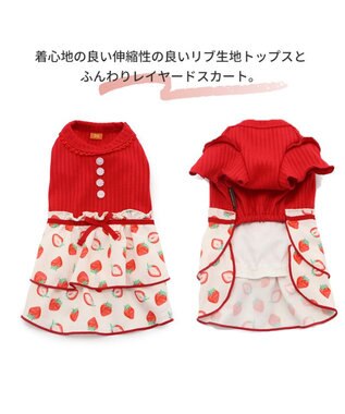 PET PARADISE 犬の服 犬 ワンピース 【小型犬】 苺柄 リブ ピンク レッド レット×ホワイト
