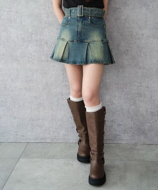 WEGO ベルト付デニムプリーツスカパン デニム中濃加工色