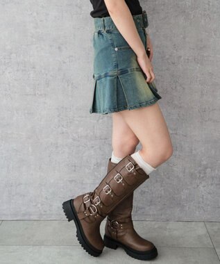 WEGO ベルト付デニムプリーツスカパン デニム中濃加工色