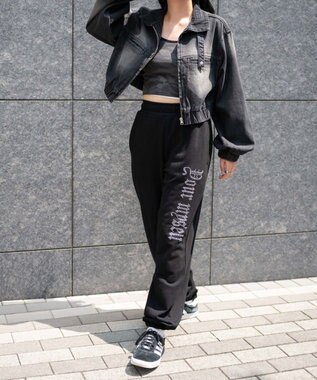 WEGO 【ウエストゴム】ラインストーンロゴスウェットパンツ ブラック