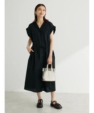 Green Parks 綿麻混開襟ワンピース Black