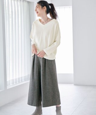 ANY 【洗濯機可能/ウエストゴム】ライトツイード ワイドパンツ ライトグレー