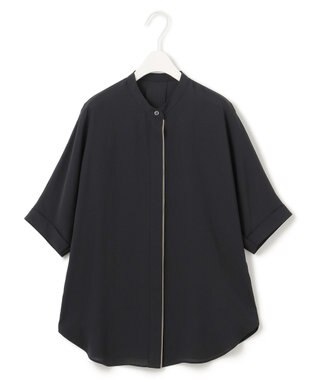 ICB L 【新色追加・接触冷感・UVケア・速乾・洗える】BackSatinAmunzen 5分袖バンドカラーブラウス ブラック×フォーン配色系