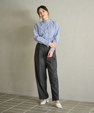 #Newans フリルカラーノーブルブラウス ネイビーストライプ