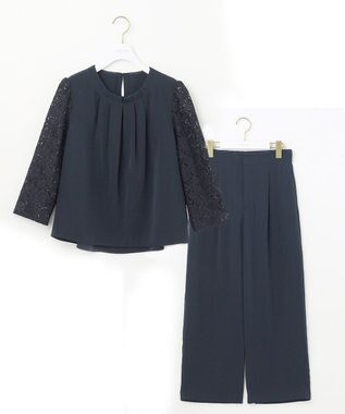 ANY SIS 【2SET】レーススリーブ ブラウス × パンツ セット ネイビー