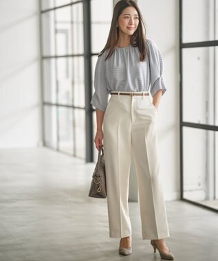 組曲 L 【WEB限定】ボーダージャガード タック袖ブラウス ダスティブルー系