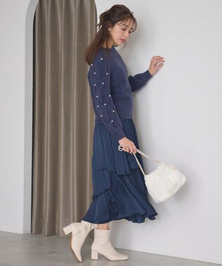 Feroux 【洗える】パールスリーブ ケーブルニット ネイビー系