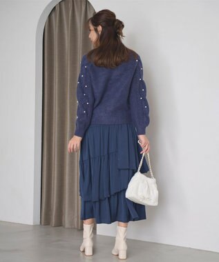 Feroux 【洗える】パールスリーブ ケーブルニット ネイビー系