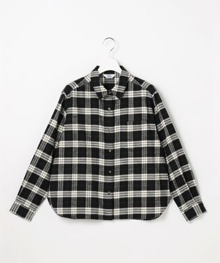 J.PRESS LADIES コットン起毛タータンチェック ショート丈 シャツ ブラウス ブラック×オフチェック系
