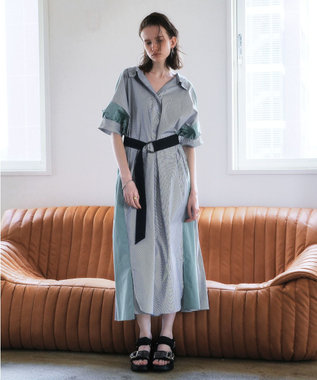YECCA VECCA ベルト付きスキッパーシャツワンピース Stripe