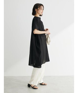 Green Parks インド綿 　ギャザー５分袖チュニック Black